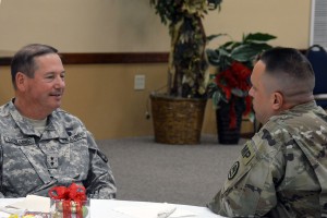 Staff Sgt. James F. Harrington discusses reenlistment options with Maj. Gen. Stephen C. Dabadie, assistant adjutant general for the Louisiana National Guard, at a retention event in Prairieville, La., Dec. 5, 2015. The event allowed Soldiers who were nearing the end of their contracts to discuss their careers with leaders, ask questions, and resolve issues that may have prevented them from continuing to serve. (U.S. Army National Guard photo by Staff Sgt. Scott D. Longstreet)