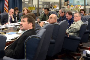 Maj. Gen. Glenn H. Curtis, adjutant general of the Louisiana National Guard, joins Gov. Bobby Jindal, Gov. Elect John Bel Edwards and other officials in a unified command group meeting to discuss plans to protect people and property from expected river flooding at the Governor’s Office of Homeland Security and Emergency Preparedness’ Emergency Operations Center in Baton Rouge, Jan. 8, 2016. (U.S. Army National Guard photo by Spc. Joshua Barnett)