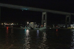 The Louisiana National Guard continues to work around the clock assisting local officials in the ferrying of equipment and construction of a levee of HESCO barriers on Avoca Island to protect Morgan City and the surrounding area from high river water, Jan. 9, 2016. The barrier will be used in the construction of a 2-mile long levee to prevent backwater flooding from reaching Morgan City and other towns in South Louisiana. (U.S. Army National Guard photos by Spc. Garrett L. Dipuma) 