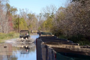 The Louisiana National Guard continues to work around the clock, constructing HESCO barrier levees on Avoca Island, La., Jan. 11, 2016. The project will prevent backwater flooding from reaching Morgan City and other towns in south Louisiana due to high river levels. (U.S. Army National Guard photo by Spc. Joshua Barnett)