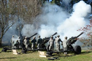 Louisiana National Guard 141st Field Artillery Regiment fires a 19-gun salute at the inauguration of La. Gov. John Bel Edwards on Jan 11, 2016, at the La. State Capitol, Baton Rouge, La. (U.S. Army National Guard photo by 1st Sgt. Paul Meeker)