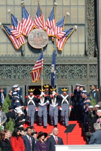 Louisiana National Guard 141st Field Artillery Regiment color guard presents the colors during Gov. John Bel Edwards inauguration ceremony on Jan 11, 2016, on the steps of the La. State Capitol, Baton Rouge, La. (U.S. Air National Guard photo by Master Sgt. Toby Valadie)