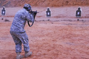 Staff Sgt. Matthew Hodnett of Dry Prong, La., with Headquarters and Headquarters Company 199th Brigade Support Battalion, qualifies on Short Range Marksmanship during the Rifle Marksmanship Instructor Course at Ft Polk, La., Jan 21. (U.S. Army National Guard photo by Sgt. Noshoba Davis)