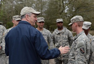 Gov. John Bel Edwards surveys flooded areas and thanks Louisiana National Guardsmen who have been assisting local agencies around the clock in Ponchatoula, La., Mar. 12, 2016. (U.S. Air National Guard photo by MSgt. Toby M. Valadie)