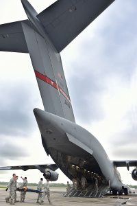 Members of the 167th Medical Group, West Virginia Air National Guard, Martinsburg, W.Va., transport a simulated patient onboard a West Virginia Air National Guard C-17 Globemaster III during Operation Vigilant Guard at Naval Air Station Joint Reserve Base, New Orleans, La., April 15, 2016. Vigilant Guard is a federally funded exercise that is supported by the National Guard Bureau and sponsored by the United States Northern Command, whose mission is to provide homeland defense, civil support and security cooperation to defend and secure the United States and its interests. (Air National Guard Photo by Master Sgt. Daniel P. Farrell)