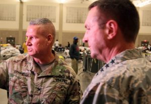 General Joseph L. Lengyel (right), Chief of the National Guard Bureau, meeting with Col. Donelly, a Louisiana National Guard liason at the Baton Rouge River Center, which is being used a a shelter for flood victims August 17, 2016. (U.S. Army National Guard photo by Spc. Garrett L. Dipuma)