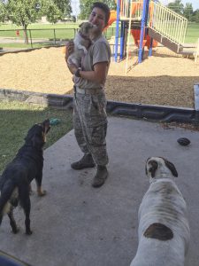 Louisiana Air National Guard's Airman 1st Class Rachel Randazzo, a jet engine mechanic with the 159th Maintenance Group and New Orleans native, used her civilians skills as a veterinarian technician to set up an animal clinic when she found out animals would not be allowed inside at the North Park Recreation Center shelter in Denham Springs, La., Aug. 2016. More than 3,800 Guardsmen were activated for search and rescue missions and shelter security in response to the historic flooding that took 13 lives and damaged more than 60,000 homes in southern Louisiana. (Courtesy photo from Tech Sgt. Daniel Jeandron)