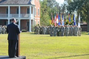 Louisiana Gov. John Bel Edwards addresses members of the Louisiana National Guard and the Belize Defence Force during a ceremony to commemorate the 20th anniversary of the Stare Partnership Program between La. and Belize on Nov. 4, 2016, at Jackson Barracks, New Orleans, La. The Louisiana-Belize partnership is one of the oldest in the program and was established on April 23, 1996. (U.S. Air National Guard photo by MSgt Toby M. Valadie)