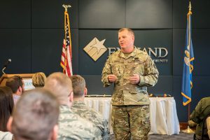 Maj. Gen. Glenn H. Curtis, adjutant general of the Louisiana National Guard, speaks to Airmen, their families and guests attending the 259th Air Traffic Controller Squadron award ceremony at the England Air Park Terminal in Alexandria, Louisiana, April 15, 2018. Airmen from the 259th received three Bronze Star, 11 Air Force Commendation and two Air Force Achievement medals during the ceremony for exemplary service during their deployment to Iraq in support of Operation Inherent Resolve. (U.S. Air National Guard photo by Senior Airman Cindy Au)