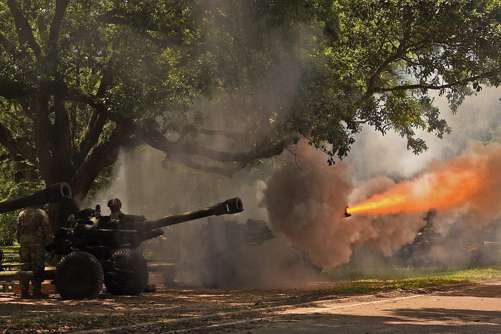 The Louisiana National Guard’s 1st Battalion, 141st Field Artillery Regiment fires a Howitzer as part of a 19 cannon salute for Gov. John Bel Edwards at a ceremony dedicating a monument memorializing fallen Louisiana Guardsmen at Louisiana Veterans Memorial Park in Baton Rouge, Louisiana, May 21, 2019. (U.S. Army National Guard photo by Staff Sgt. Garrett L. Dipuma)