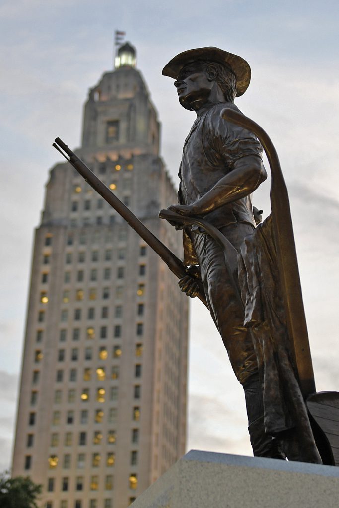 A monument memorializing Louisiana National Guardsmen seen standing beneath the state capitol at Louisiana Veterans Memorial Park in Baton Rouge, Louisiana, May 21, 2019. (U.S. Air Force National Guard photo by Master Sgt. Toby Valadie)