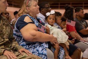 Friends, families and community members gather to bid farewell to the Louisiana National Guard’s 832nd Engineer Detachment, 528th Engineer Battalion, 225th Engineer Brigade, during a deployment ceremony at the Carl F. Grant Civic Center in Plaquemine, July 31, 2019. More than 50 Soldiers with the Plaquemine-based unit departed for a nine to twelve-month deployment to Iraq taking on a mission that includes general engineering and construction. (U.S. Army National Guard photo by Staff Sgt. Josiah Pugh)