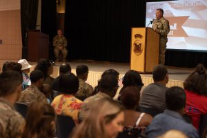The Adjutant General for the Louisiana National Guard, Maj. Gen. Glenn H. Curtis, addresses the 832nd Engineer Detachment, 528th Engineer Battalion, 225th Engineer Brigade, during a deployment ceremony at the Carl F. Grant Civic Center in Plaquemine, July 31, 2019. More than 50 Soldiers with the Plaquemine-based unit departed for a nine to twelve-month deployment to Iraq taking on a mission that includes general engineering and construction. (U.S. Army National Guard photo by Staff Sgt. Josiah Pugh)