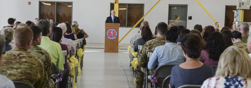 Louisiana's Governor John Bel Edwards addresses G Company and D Company, 2nd Battalion, 238th Aviation Regiment during a deployment ceremony at the Army Aviation Support Facility #2 at Esler Field in Pineville, Louisiana, Sept. 6, 2019. The 2-238th is sending more than 50 Guardsmen, including two father-son teams and one married couple, to Afghanistan. (U.S. Army National Guard photo by Staff Sgt. Noshoba Davis)