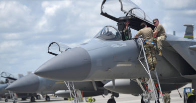 159th Maintenance Group crew chiefs inspect an F-15C in preparation for takeoff at the Air Dominance Center in Savannah, Ga., June 9, 2021. Six Louisiana Air National Guard F-15s deployed to the ADC to participate in dissimilar aircraft training which allows pilots to hone their tactical skills with other combat airframes. (U.S. Air National Guard photo by Senior Master Sgt. Daniel Farrell)