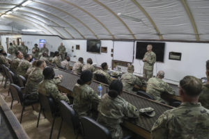 Brig. Gen. Keith Waddell, the adjutant general of the Louisiana National Guard, speaks to Soldiers of the 256th Infantry Brigade Combat Team about the hard work and dedication they have shown while deployed in support of U.S. Central Command’s Operations Inherent Resolve and Spartan Shield. The LANG’s 256th IBCT is set to return home from deployment later this year. (U.S. Army National Guard photo by Staff Sgt. Noshoba Davis)
