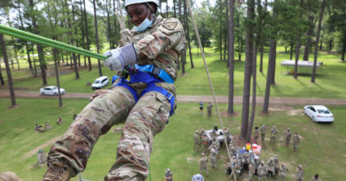 Louisiana National Guard recruits with Company A, Recruit Sustainment Program rappel from a tower at Camp Minden in Minden, La., July 10, 2021. The training was part of their high impact training, which is designed to prepare them for life in the Guard once they get to their units. (U.S. Army National Guard photo by Cadet Anna M. Churco)