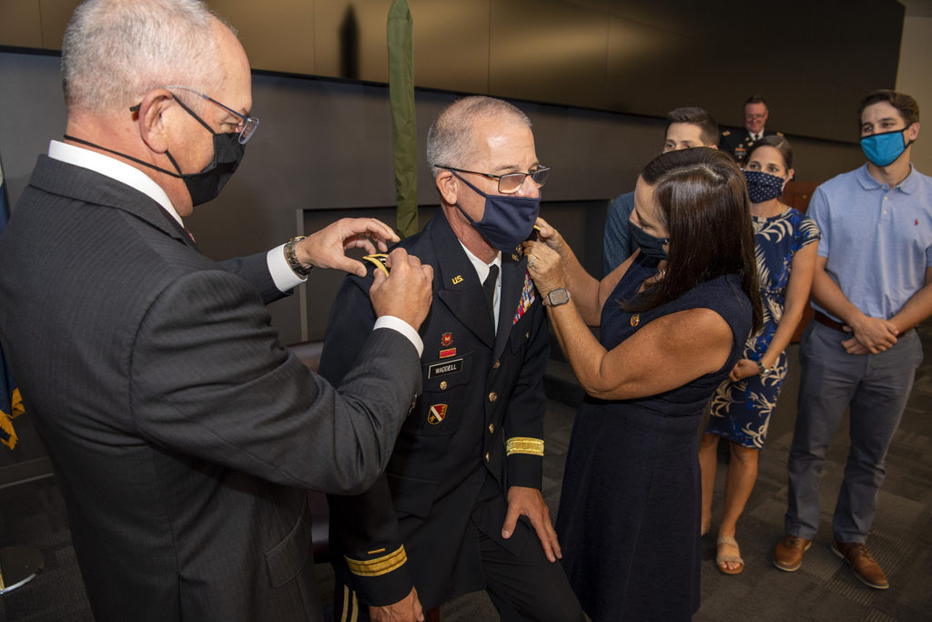 Maj. Gen. Keith Waddell, adjutant general of the Louisiana National Guard, is promoted by his wife, Lisa, and John Bel Edwards, Governor of Louisiana, during a private ceremony held at the Governor’s Office of Homeland Security and Emergency Preparedness on July 30, 2021, in Baton Rouge, La. Maj. Gen. Waddell was appointed to his current position as adjutant general in January 2020. (U.S. Air National Guard photo by Master Sgt. Toby Valadie)