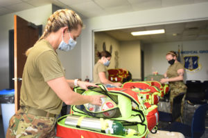 Airmen of the 159th Medical Group perform equipment and inventory checks to ensure proper response to medical emergencies while responding to the aftermath of Hurricane Ida in Belle Chasse, Louisiana, Aug. 31, 2021. The 159th Medical Group maintains mission readiness to be fully prepared to respond to natural disasters. (U.S. Air National Guard photo by Tech Sgt. Cindy Au)