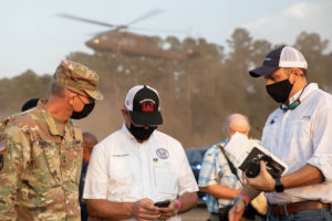 Maj. Gen. Keith Waddell, adjutant general of the Louisiana National Guard, and Governor John Bel Edwards survey affected areas following the destruction of Hurricane Ida in Tangipahoa Parish, Louisiana, Sept. 2, 2021. (U.S. Army National Guard photo by Spc. Madalyn McQuillan)
