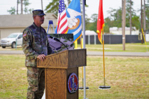 Maj. Gen. Keith Waddell, adjutant general of the Louisiana National Guard, speaks during the groundbreaking ceremony for a new readiness center at Camp Beauregard in Pineville, Louisiana, Nov. 3. The Camp Beauregard Readiness Center will house Soldiers from the 2228th Military Police Company and Bravo Company, 3rd Battalion, 156th Infantry Regiment, after their armories sustained damage from an EF2 tornado in 2018. (U.S. Army National Guard photo by Sgt. 1st Class Denis B. Ricou)