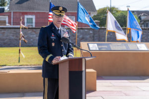 Maj. Gen. D. Keith Waddell, adjutant general of the Louisiana National Guard, speaks at a dedication ceremony for a memorial greenspace to honor the Native Americans, soldiers, civilians and enslaved people who lived, served and died at Jackson Barracks, New Orleans, Nov. 19, 2021. The greenspace is the result of a 2009 agreement among various state and federal agencies to include various Native American tribes, the Federal Emergency Management Agency, the Advisory Council on Historic Preservation, the Louisiana State Historic Preservation Office, the State of Louisiana, the Division of Administration, Facility Planning and Control, and the Louisiana Military Department. (U.S. Army National Guard photo by Staff Sgt. Josiah Pugh)