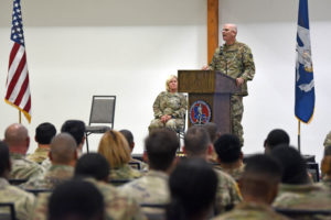 The Adjutant General of Louisiana, Maj. Gen. D. Keith Waddell, thanks members of Task Force COVID at the Holiday Inn in Alexandria, Louisiana, Nov. 30, 2021. The ceremony was one of a series of ceremonies across the state to honor more than 850 of LANG service members, recognizing their efforts in assisting the citizens of Louisiana during COVID-19 recovery operations. (U.S. Army National Guard photo by Warrant Officer Thea James)