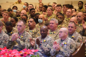 Louisiana National Guard members of Task Force COVID attend a ceremony at the First Baptist Church, Denham Springs, Louisiana, Dec. 1, 2021. The ceremony was one of a series of ceremonies across the state to honor more than 850 of LANG service members, recognizing their efforts in assisting the citizens of Louisiana during COVID-19 recovery operations. (U.S. Army National Guard photo by Spc. Duncan Foote)