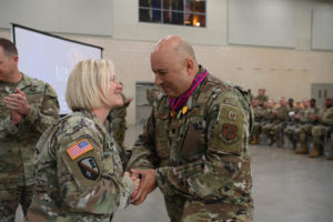 Louisiana National Guard Task Force COVID commander and Assistant Adjutant General -Army, Brig. Gen. Cindy H. Haygood gives awards to members of Task Force COVID at Jackson Barracks in New Orleans, Dec. 3, 2021. The ceremony was one of a series of ceremonies across the state to honor more than 850 of LANG service members, recognizing their efforts in assisting the citizens of Louisiana during COVID-19 recovery operations. (U.S. Army National Guard photo by Cadet Anna Churco)