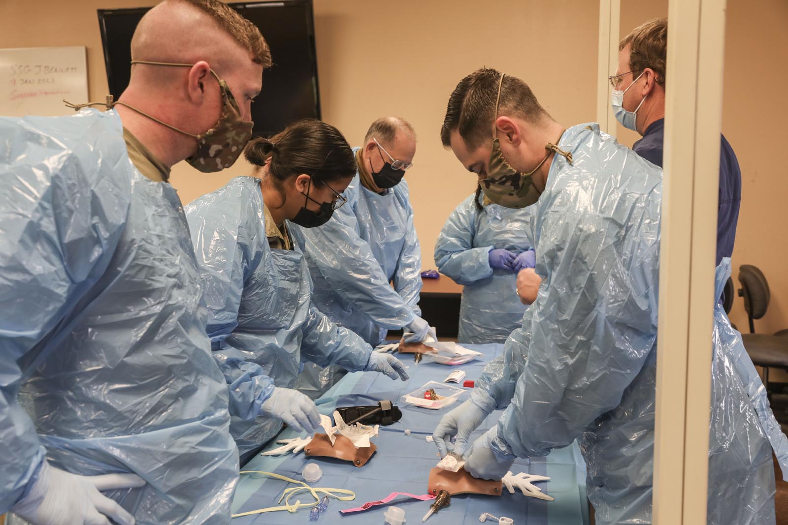 Louisiana National Guard's State Surgeon office hosted over 100 medics and medical personnel from around the region in an educational cadaver training lab at Camp Beauregard in Pineville, La. on Jan. 21, 2022. During the lab trainers from Teleflex Medical Equipment worked with medics on techniques like intubation, intraosseous infusion and needle decompression allowing them to build confidence in their abilities and equipment. Medical Education and Research Institute’s Genesis Legacy Program, a whole-body donor program, provided the cadavers for the training lab. (U.S. Army National Guard photo by Staff Sgt. Noshoba Davis)