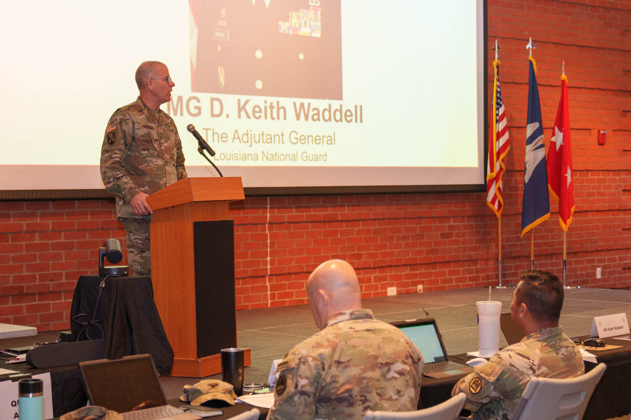 Maj. Gen. D. Keith Waddell, the adjutant general of the Louisiana National Guard, gives his opening remarks at the All-Hazards Coordination Workshop at Jackson Barracks in New Orleans, March 15, 2022. The workshop is designed to improve the ability of attending states’ and territories’ National Guards to support their governors and citizens through coordinated aid agreements in the event of a major disaster between 2022-2023. (U.S. Army National Guard photo by Staff Sgt. Josiah Pugh)